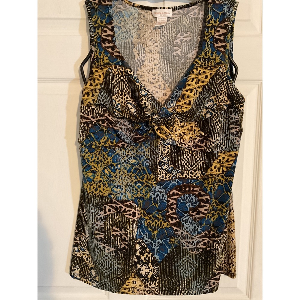 Monroe & Main Womens XL Animal‎ Print V-Neck Twist Front Sleeveless Top Blue